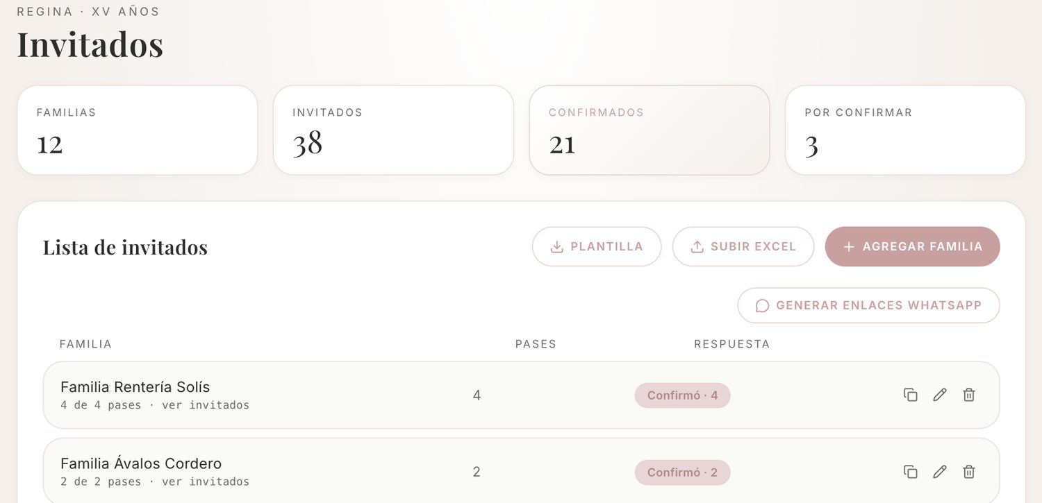 Panel de invitados de Festejar Digital con los contadores de familias, invitados y confirmados, y los botones para descargar la plantilla, subir el Excel o agregar una familia