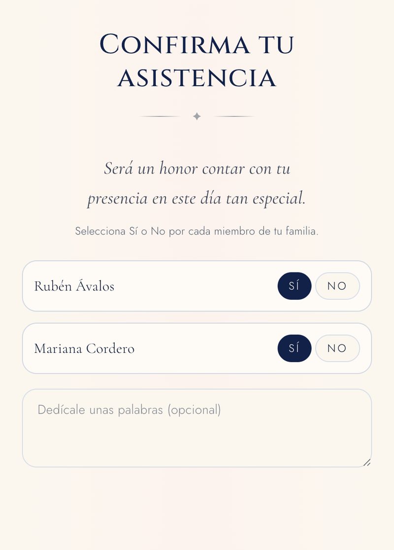 Invitación digital abierta en la sección de confirmar asistencia, con los nombres de los dos integrantes de una familia y un botón de Sí o No para cada uno